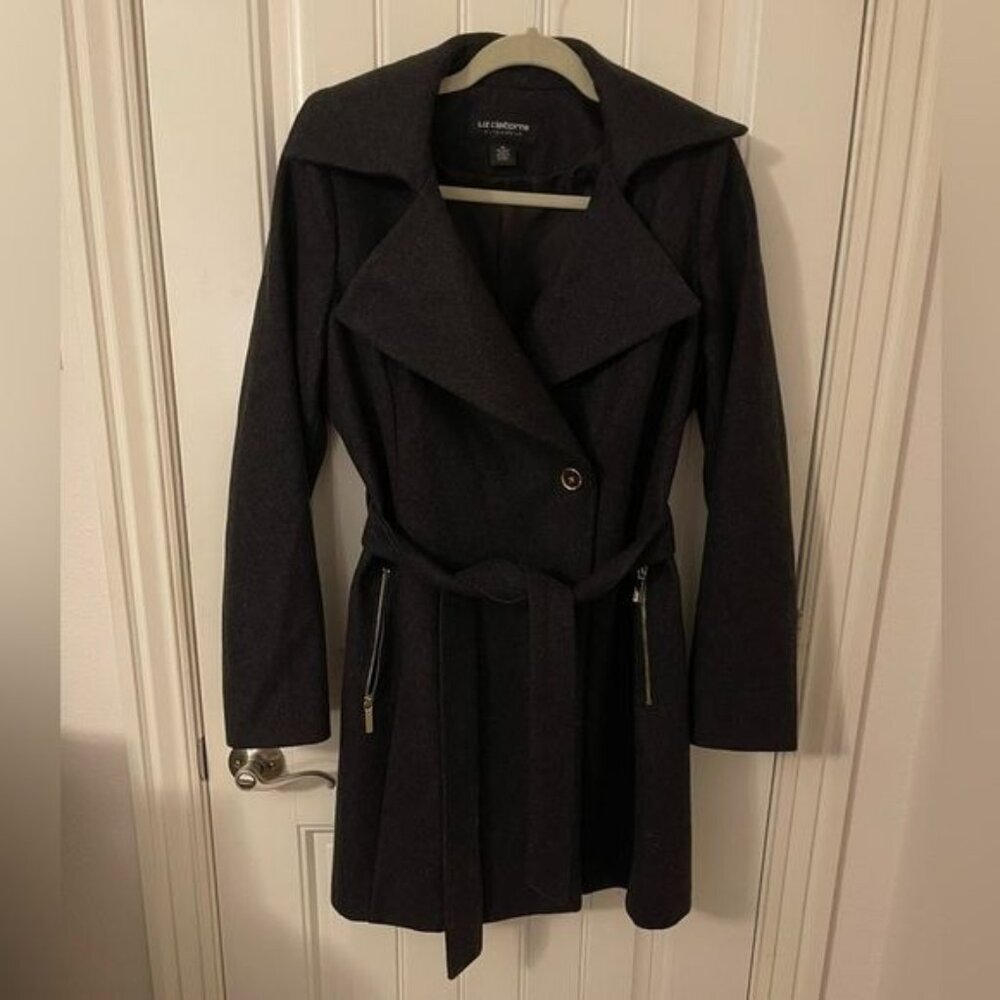 Liz Claiborne Dark Gray Wool Blend Belted Coat M‎